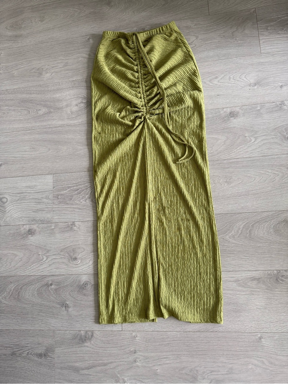 Olive Green Ruched Midi Skirt